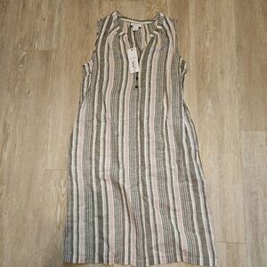 NWT Liz Claiborne Sleeveless Shift Dress Olive Stripe Linen Cotton Blend Women S